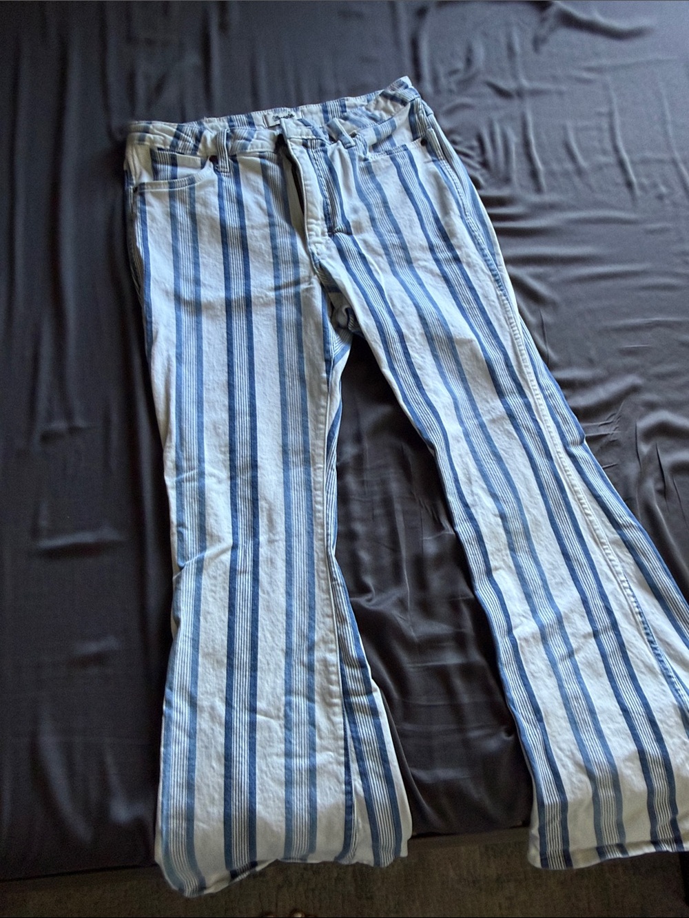 Wrangler Retro Bailey Blue and White Striped High Rise Flare Jeans
